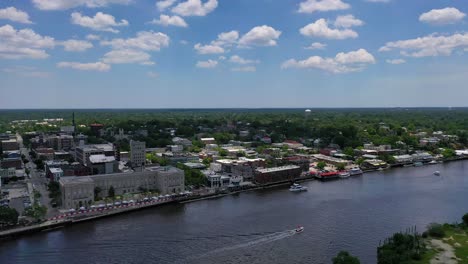 Droning-over-Cape-Fear-River-towards-Wilmington,-North-Carolina