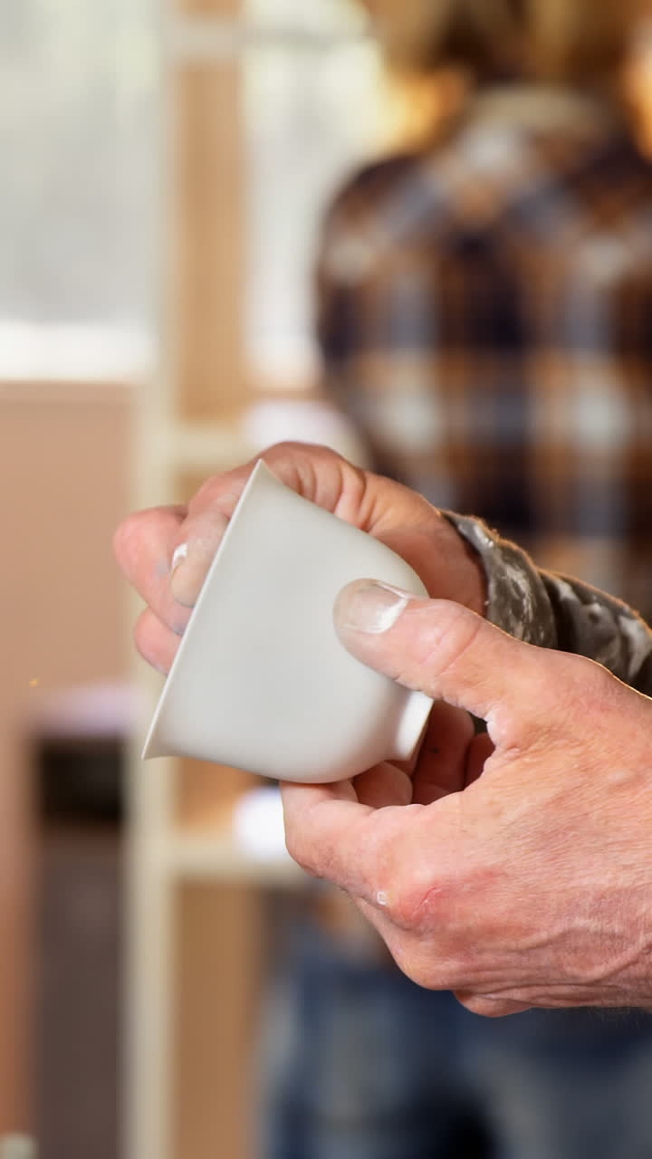 sección media de un alfarero masculino comprobando una copa