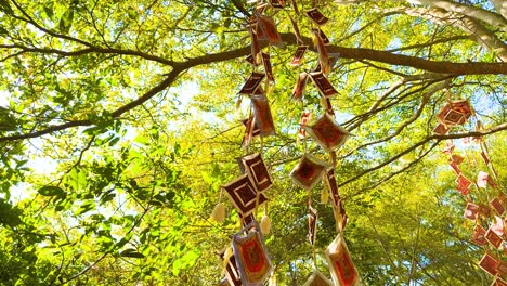 traditional mobiles sway among lush green trees