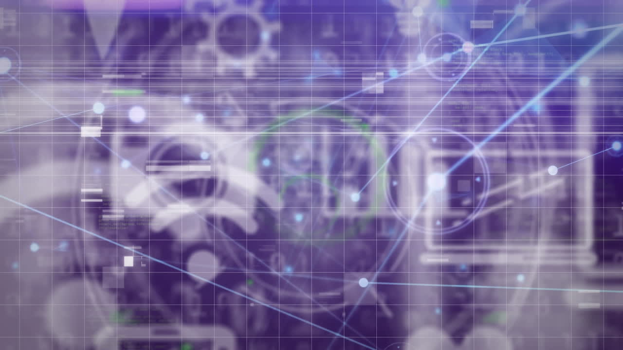 animación del procesamiento de datos, iconos digitales, red de conexiones con puntos brillantes