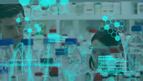 Animation-of-data-processing-and-chemical-formula-over-caucasian-scientists-in-lab