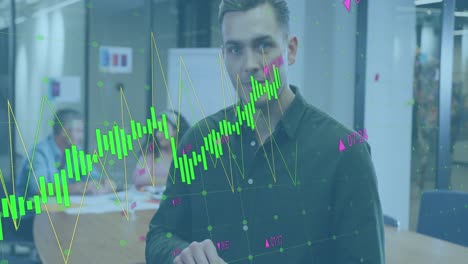 Animation-of-statistical-data-processing-against-caucasian-man-smiling-while-using-tablet-at-office