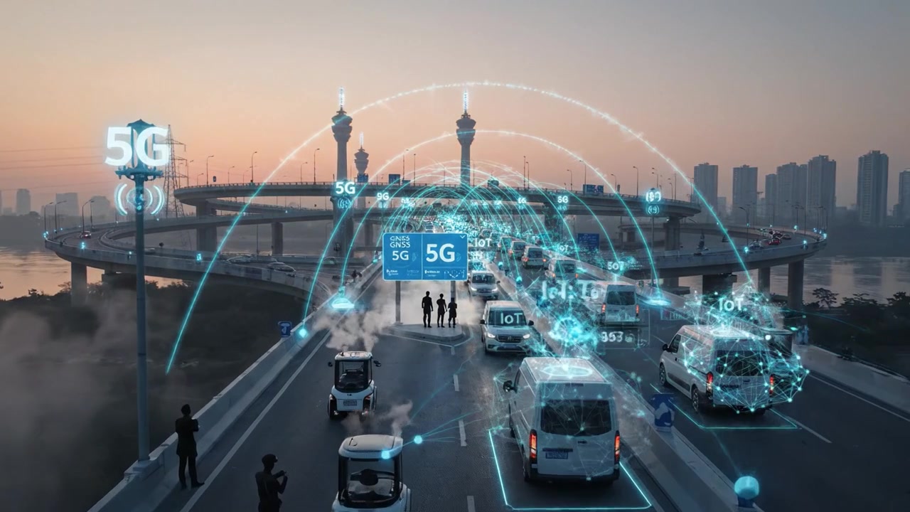 Una scena urbana futuristica che raffigura tecnologie di connettività avanzate in una città moderna al tramonto, con veicoli e infrastrutture intelligenti sotto rete 5G.