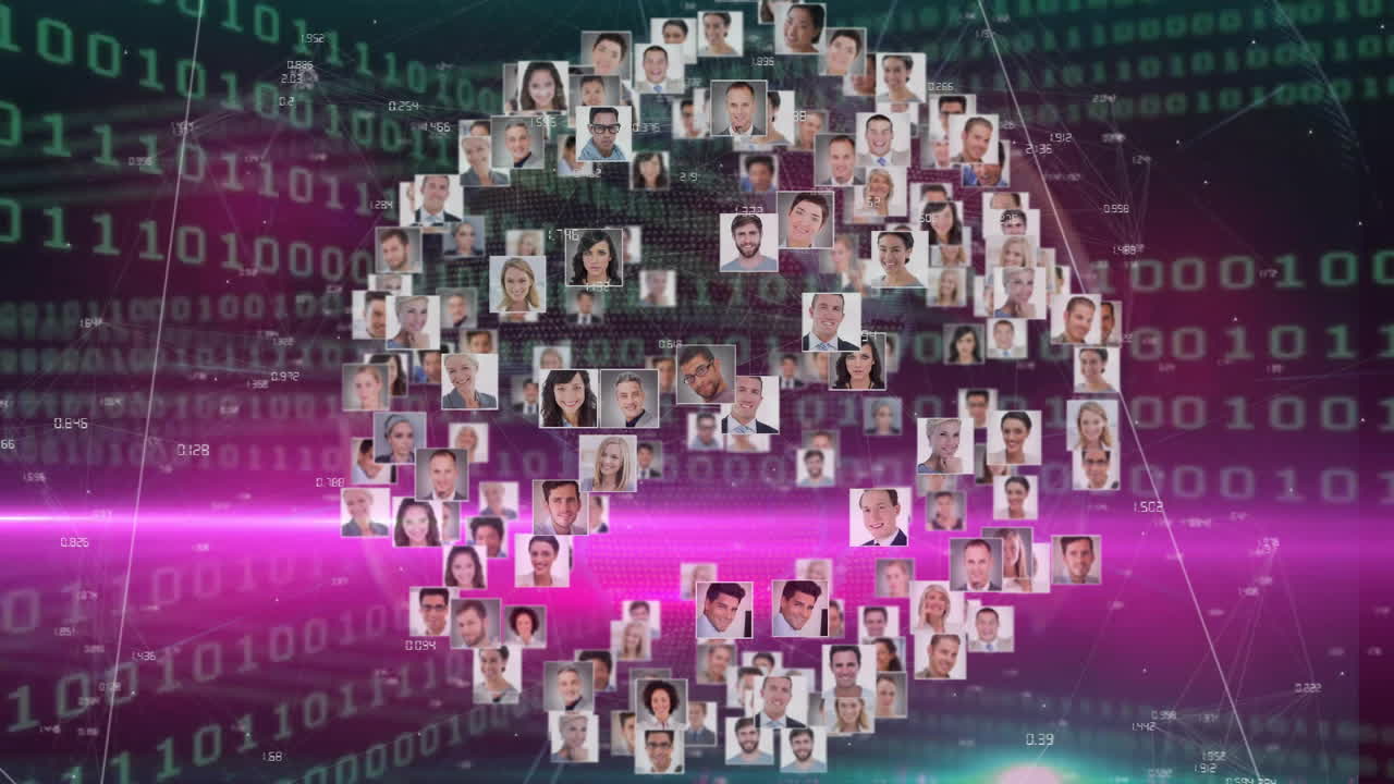 Animation of network of connections with business people over binary coding