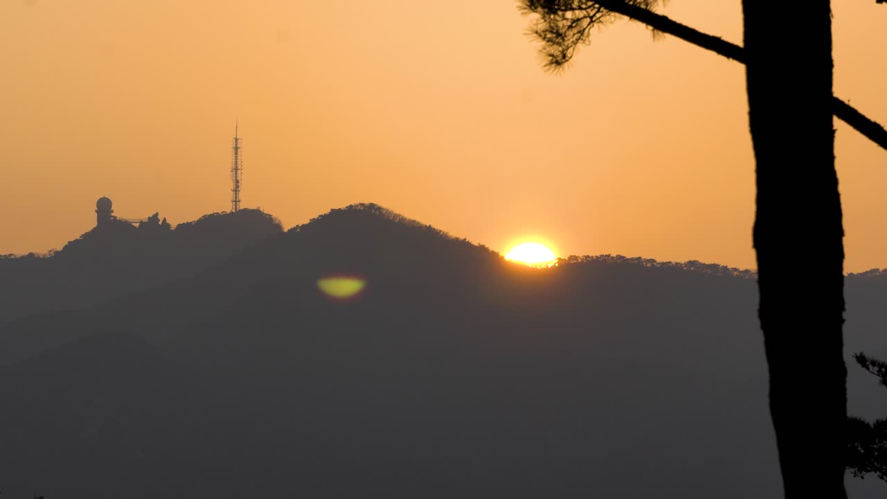 Golden Sunset Over Gwanaksan Mountain With Antenna Tower And Radome From Gwacheon, Seul, South Korea. - timelapse