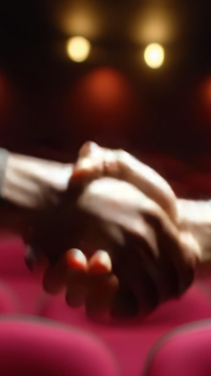 Una stretta di mano simbolica catturata in un teatro distante, che simboleggia connessione e partnership in mezzo a un mare di sedili rossi vuoti sullo sfondo.