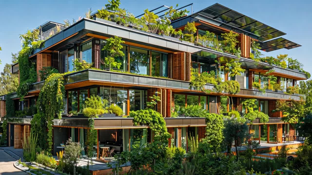 Modern Green Building with Vertical Gardens and Rooftop Greenery