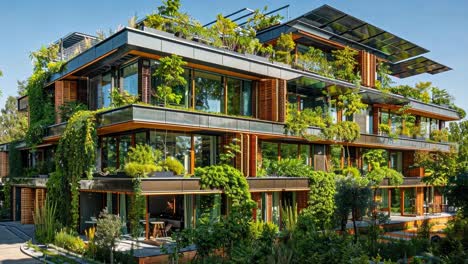 modern green building with vertical gardens and rooftop greenery