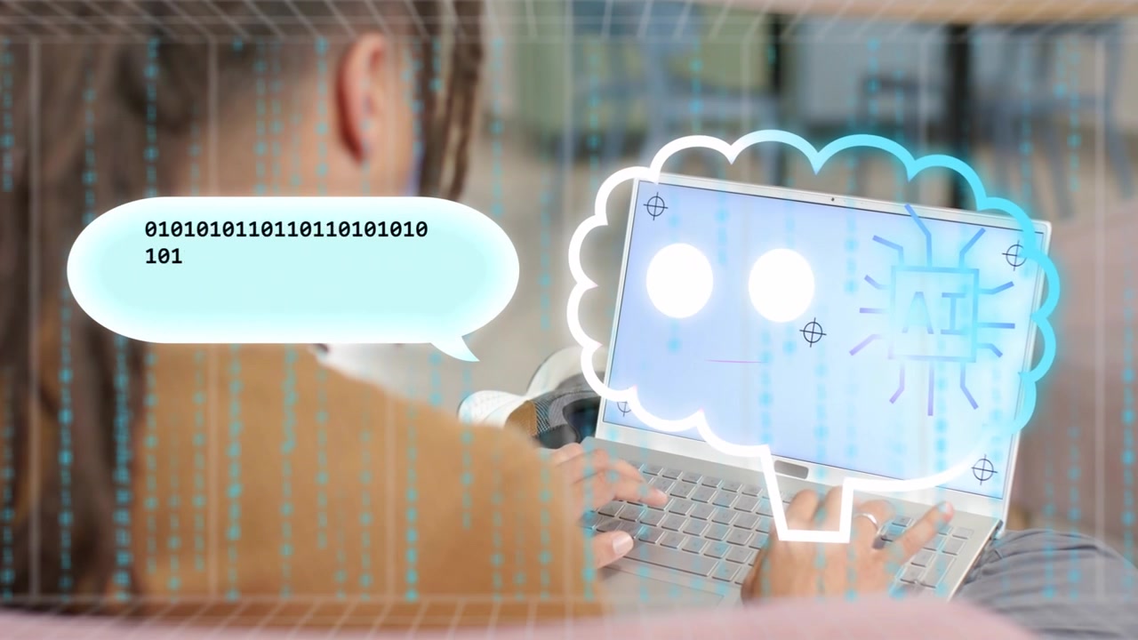 Uomo che digita in salotto, icona che appare, assistente AI che converte il binario in testo sul laptop per la programmazione.