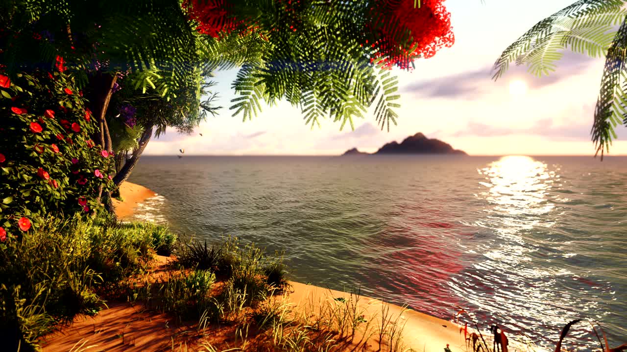 hermosos árboles, hierbas, montañas en la lejanía, un lago con agua dulce en la selva salvaje de la vegetación forestal. viaje y aventura, increíble paisaje de tierra perdida.