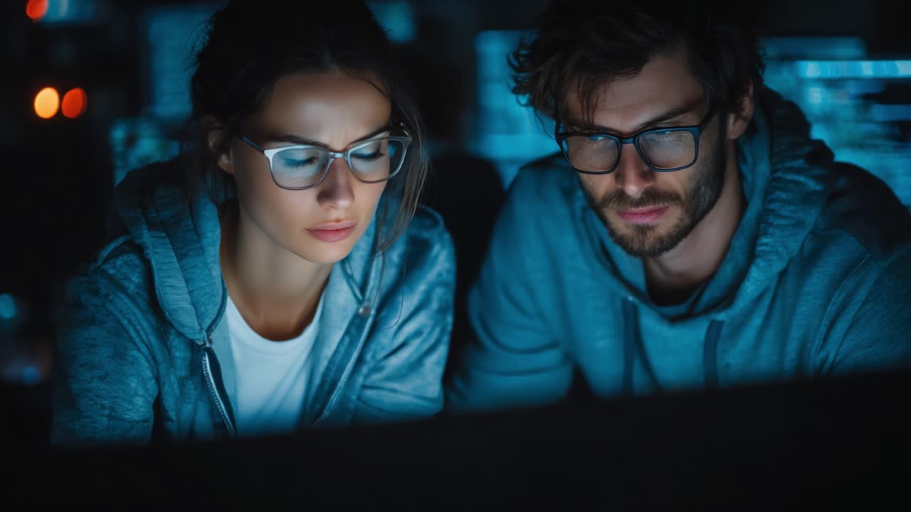 Focused duo immersed in high-tech environment, working collaboratively with intense concentration, showcasing modern technology and teamwork in a digital landscape