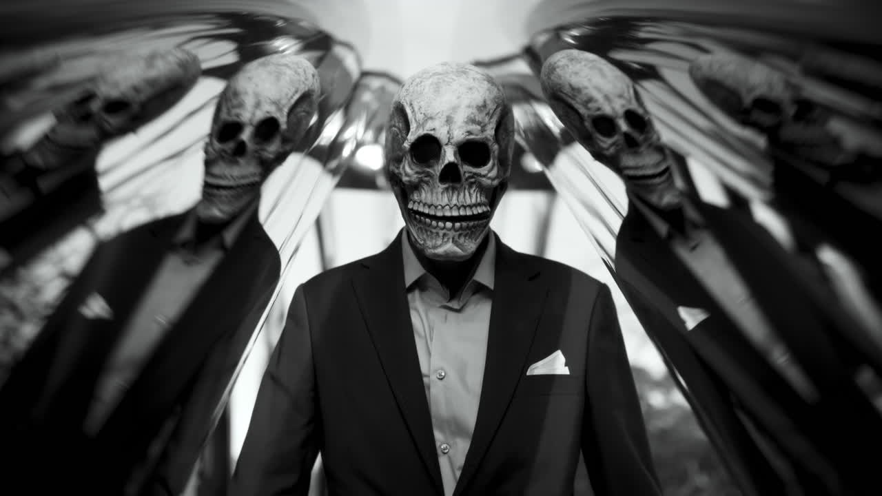 Businessman in Skull Mask with Reflections