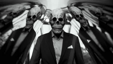 businessman in skull mask with reflections