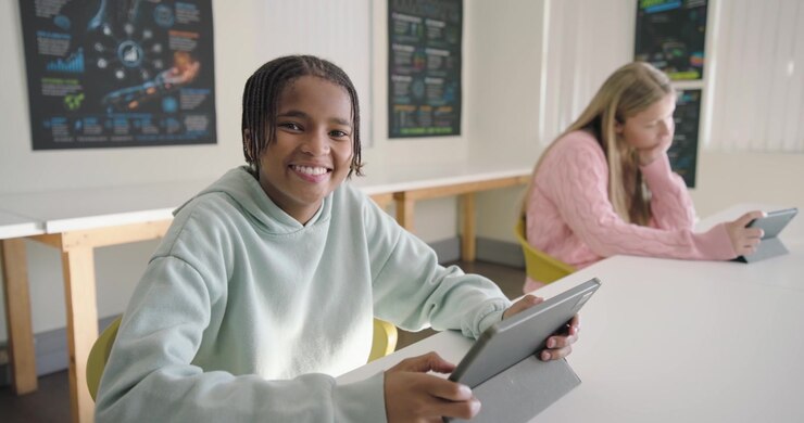 Diverse teens sitting in class, African American teen seeing camera, smiling holding tablet case
