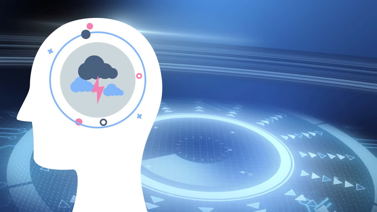 파란색 배경에 구름과 스 스캐닝을 가진 인간의 머리의 애니메이션