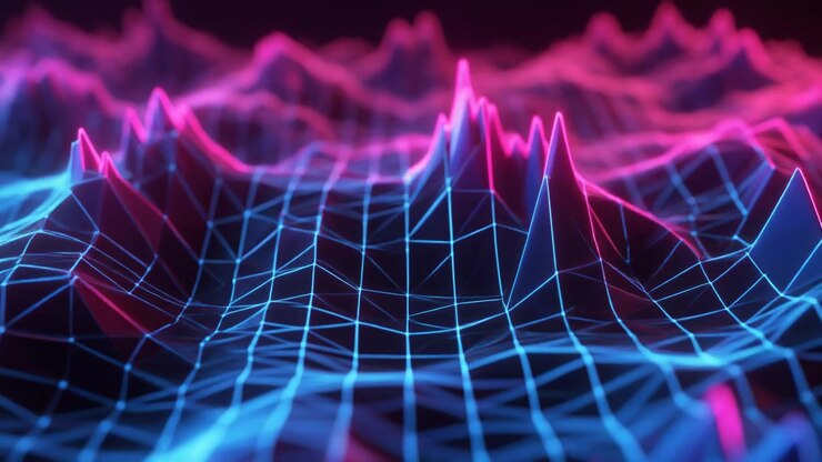 Paesaggio Digitale Astratto a Wireframe con Onde al Neon Luminose