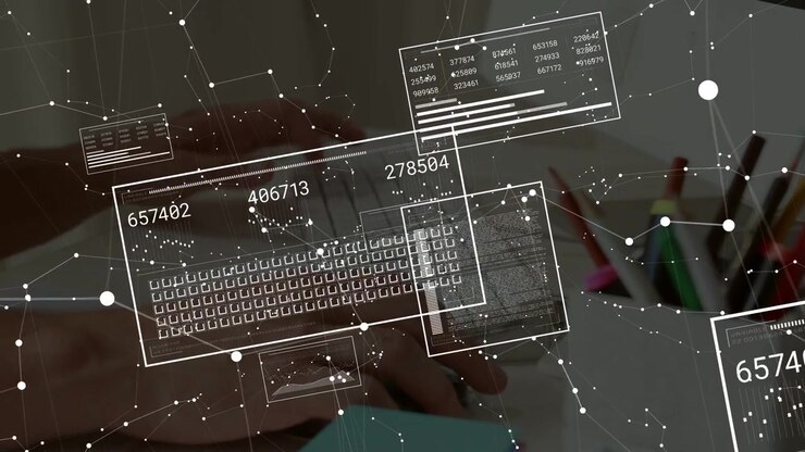 Typing hands opening HUD overlays, nodes linking, panels shifting, numbers updating, showing data