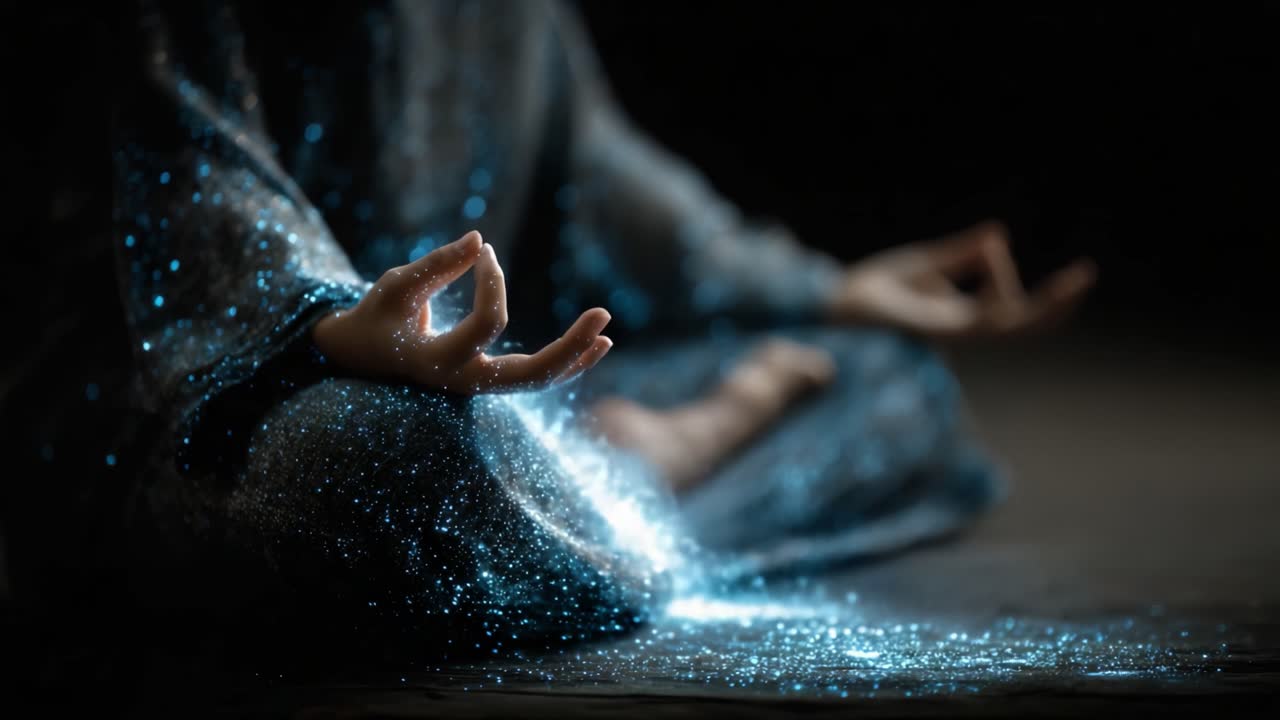 Momen Meditasi yang Tenang: Merangkul Ketenangan dan Kedamaian Batin Melalui Kilauan Ethereal dan Gerakan Menenangkan dalam Suasana Gelap.