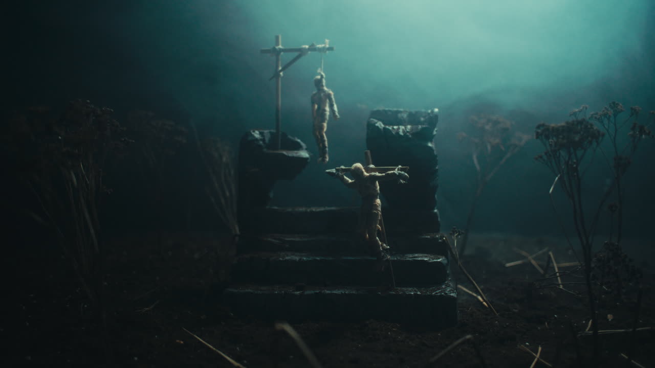 A miniature scene of the mummified dolls hanging on the gallows at night