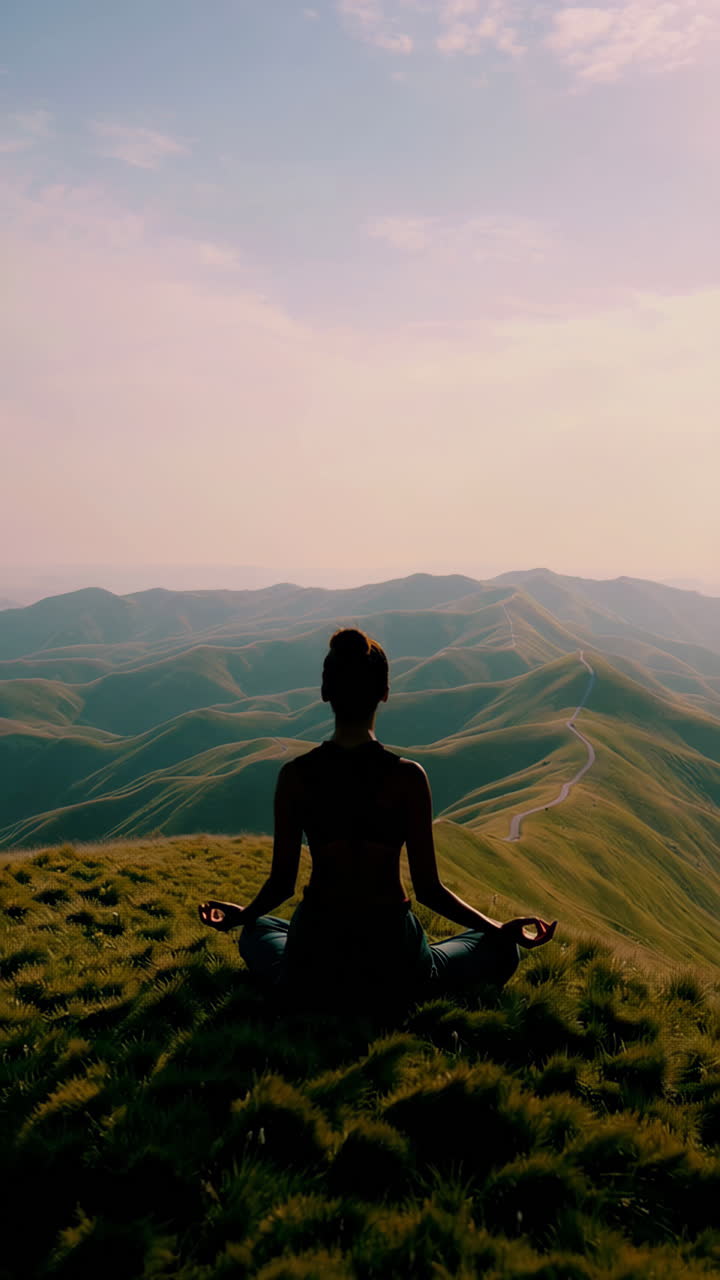 Person Meditating on a Mountain Peak at Sunrise or Sunset