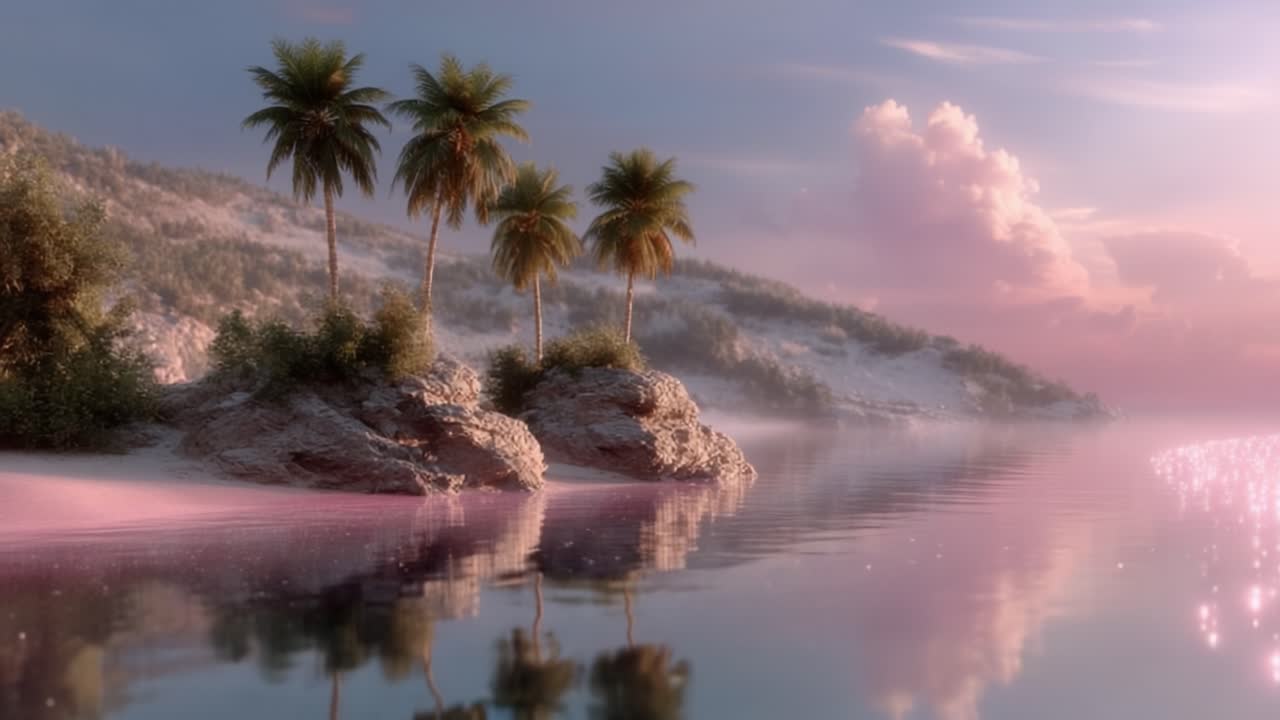Een vredige zonsondergang boven een sereen strandlandschap met weelderige palmbomen en kristalheldere reflecties in vredig water