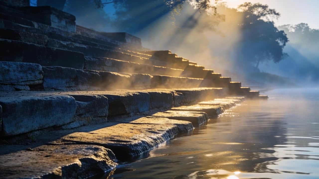 Sole che sorge invia raggi attraverso gradini di pietra in riva al fiume, la nebbia si dirada e illumina i riflessi sull'acqua.