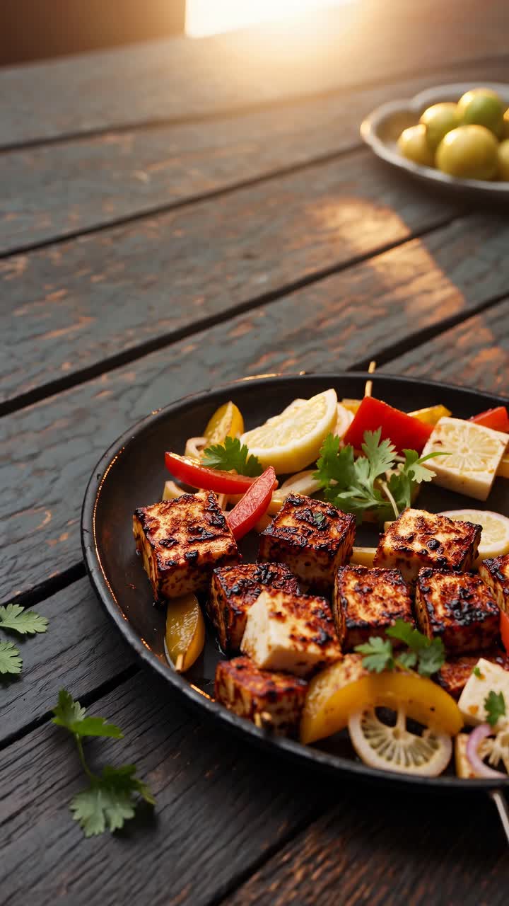 Close-up, angled shot of grilled paneer with colorful veggies on a rustic table, capturing a warm