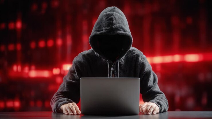Una figura misteriosa con una felpa con cappuccio interagisce in modo intrigante con un laptop, circondata da una sinistra luce rossa che aumenta l'atmosfera di suspense