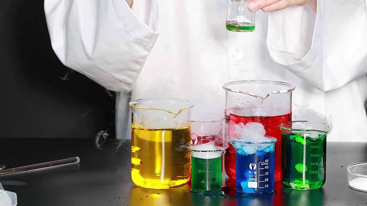 A scientist mixes vibrant liquids in beakers, creating colorful reactions with visible smoke.
