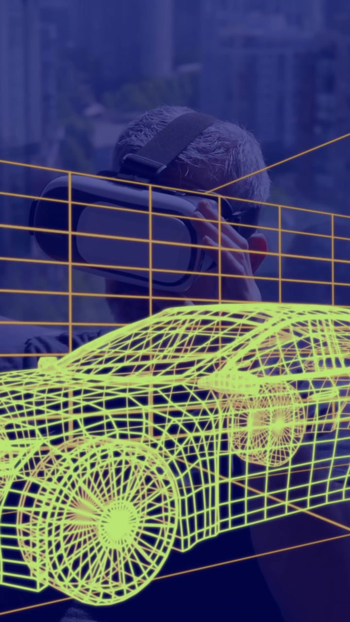 Animation of 3d technical drawing of car, over man at home wearing vr headset