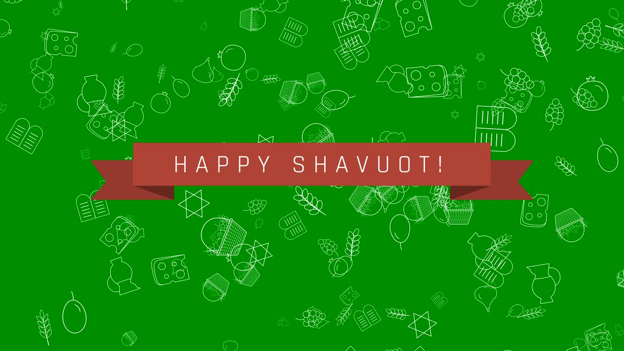 전통적인 윤 아이콘 기호와 영어 텍스트와 함께 shavuot 휴가 평면 디자인 애니메이션 배경