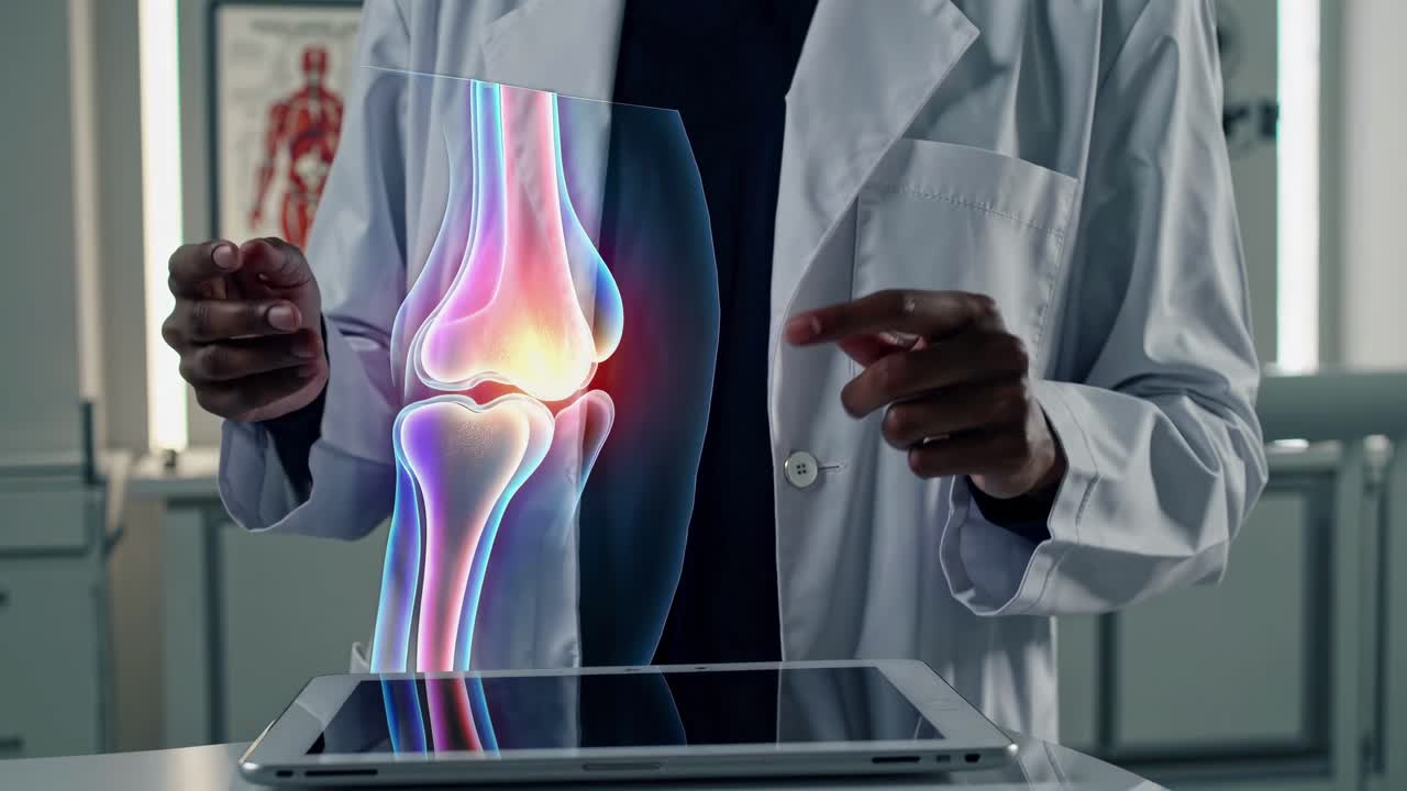 A mid-shot video of a doctor in a lab coat interacting with a holographic knee joint