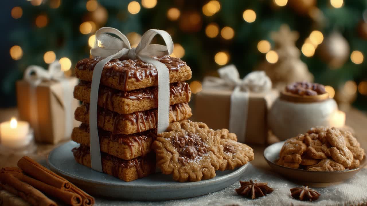Deliciously Decorated Holiday Cookies Stacked with Care, Surrounded by Festive Treats and Bokeh Lights Creating a Cozy Seasonal Atmosphere