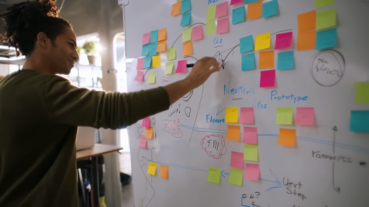 Video of a creative brainstorming session, captured from a side angle, with colorful sticky notes
