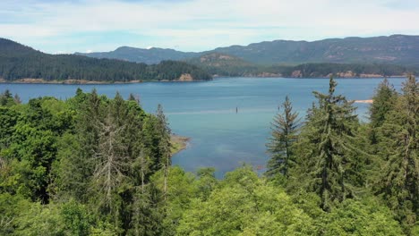 Bosques-Enmarcados-Por-Montañas:-Vista-Aérea-De-Drones-De-La-Entrada-Del-Río-Campbell,-Isla-De-Vancouver