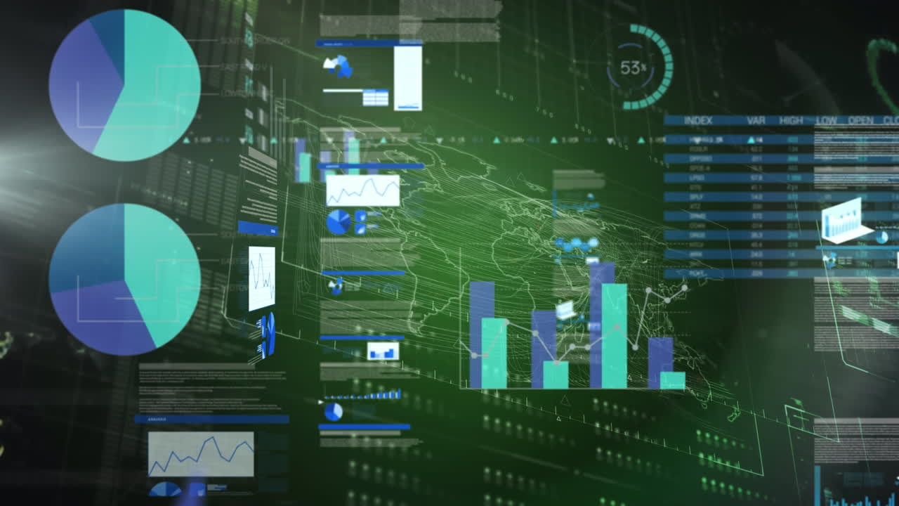 Animation of world map, statistics with financial data processing