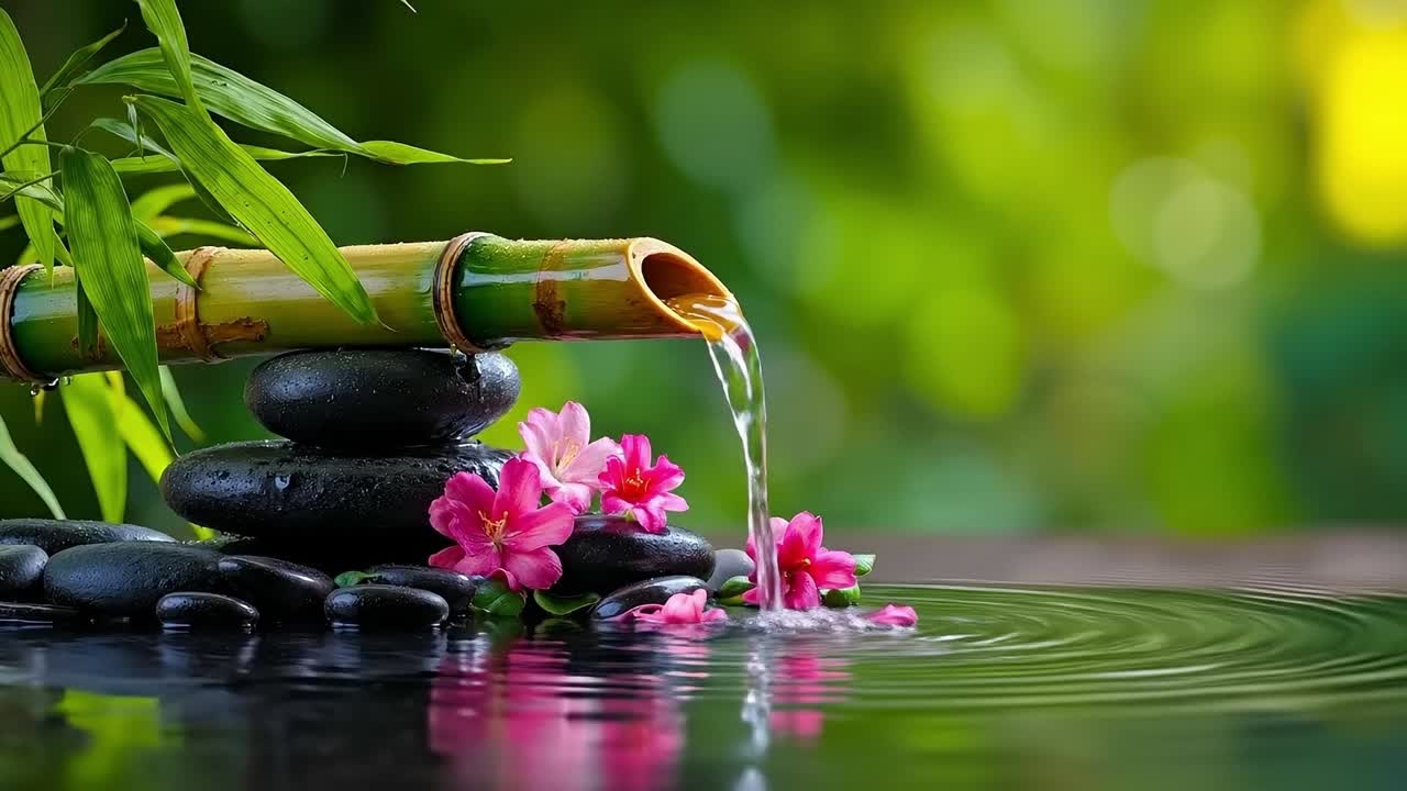 A bamboo stick pouring water into a pool of water with flowers and rocks