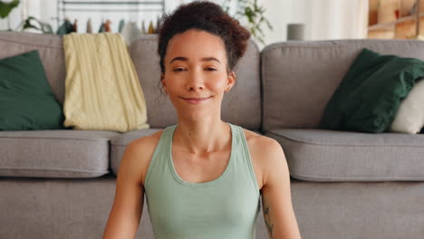 yoga, meditation and happy woman on floor for home
