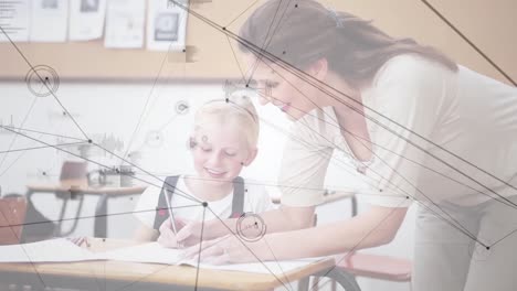 animation of network of connections over female teacher and schoolgirl writing