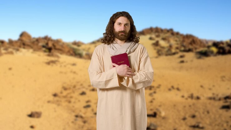 Portrait Of Man Wearing Robes With Long Hair And Beard Representing Figure Of Jesus Christ Holding Bible In Desert