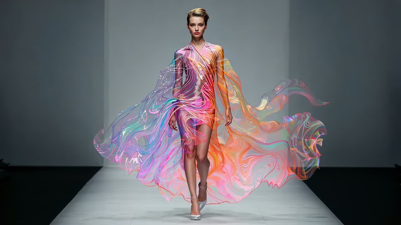 Spotlight fokuserer, kvindelig runway model går på catwalk og viser flerfarvede kjolepaneler