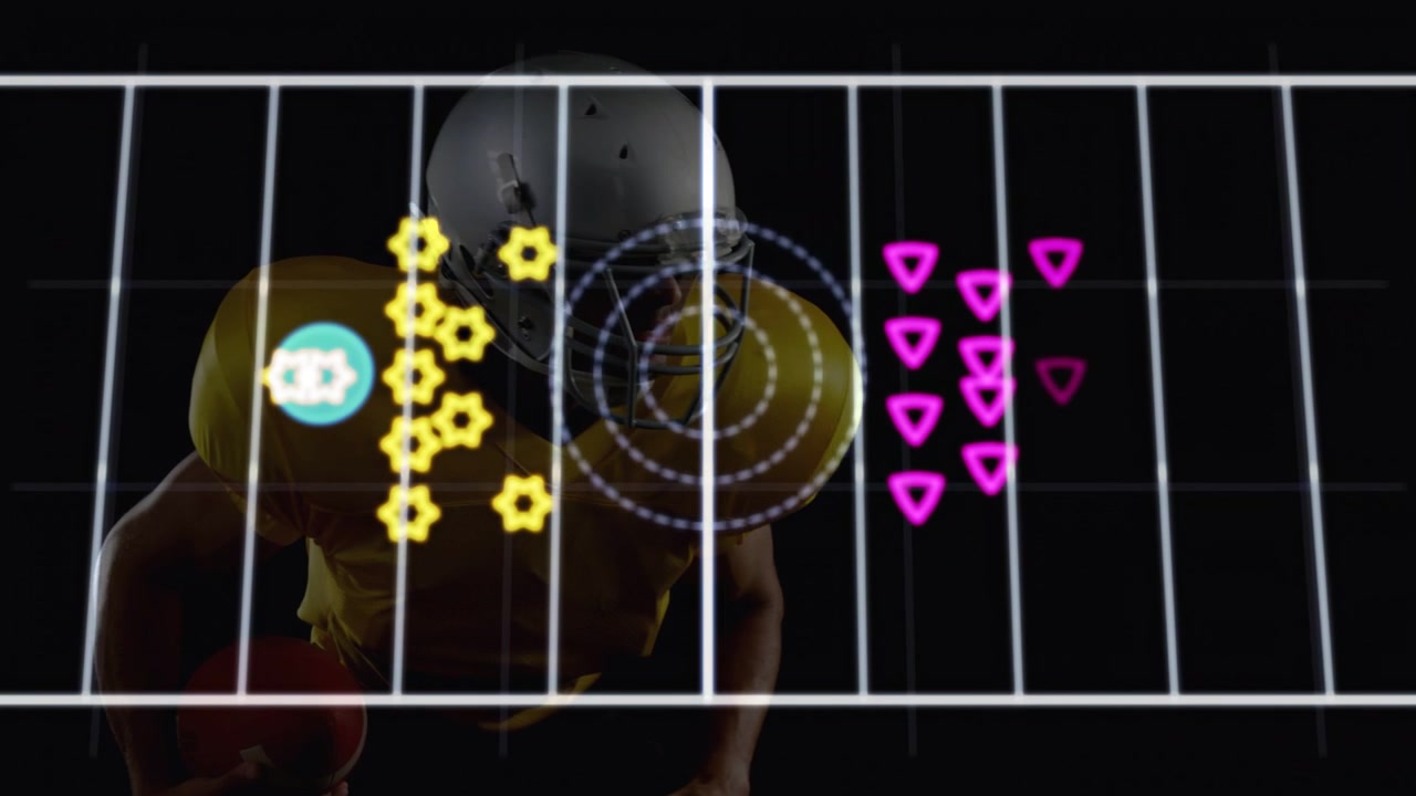 Player cradling ball, grid drawing and animating rings, stars clustering around him for analytics