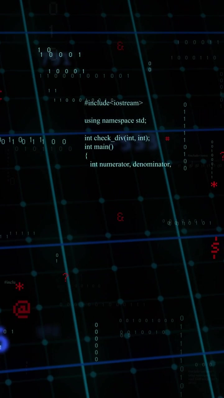 Vertical video: Binary columns appearing, C++ code column moving, zooming, clarifying to show logic