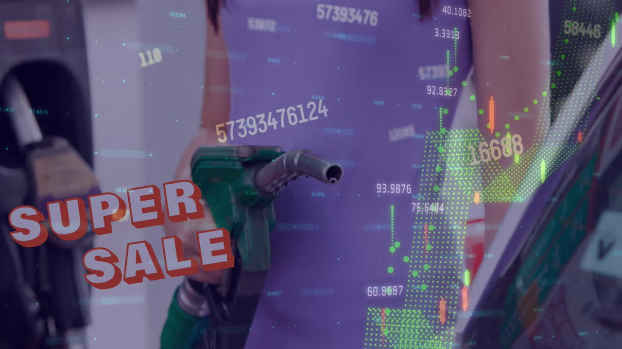 슈퍼 판매 텍스트 및 데이터 처리의 애니메이션 백인 여성이 주유소에서 자동차에 연료를 공급하는 것