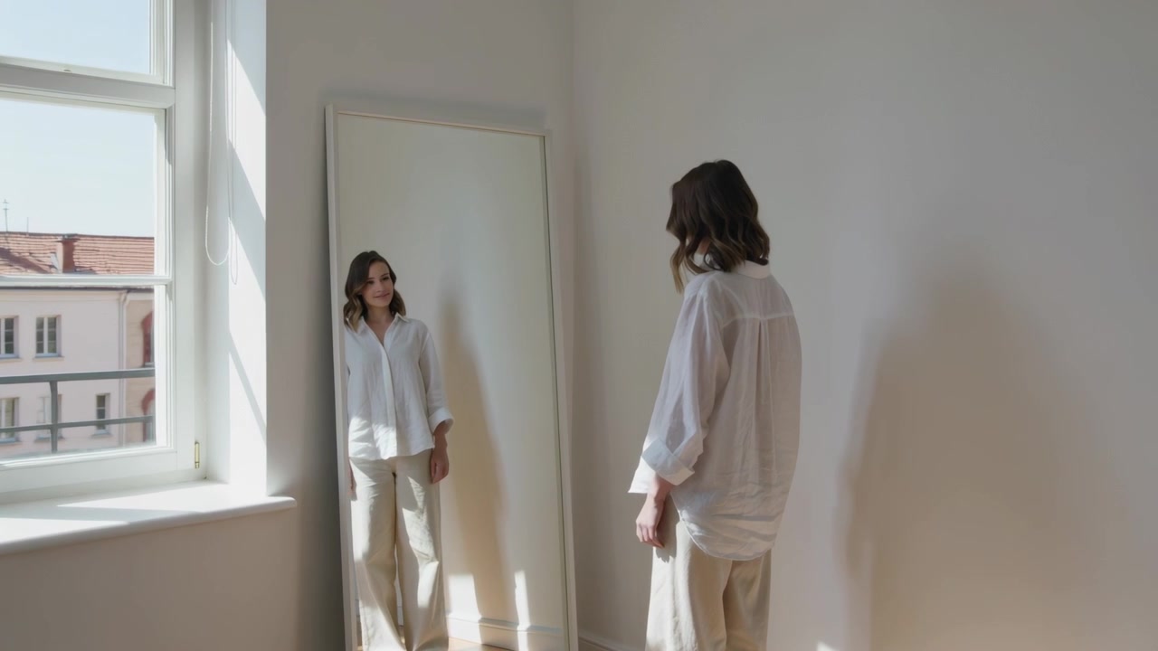 Donna in piedi in camicetta bianca che si guarda, controllando l'outfit nello specchio vicino a una finestra soleggiata, con spazio per il testo.