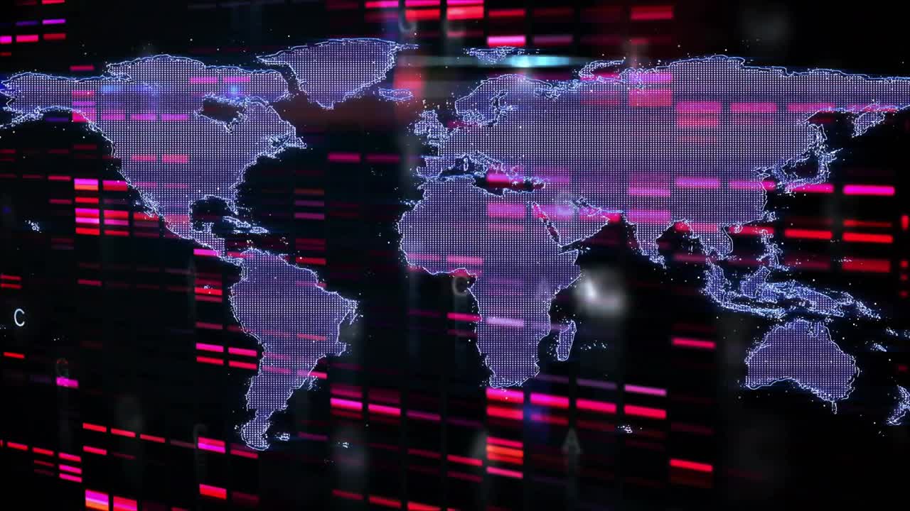 Purple pixel world map reacting to magenta scan bars, shifting into dotted mesh showing data flow