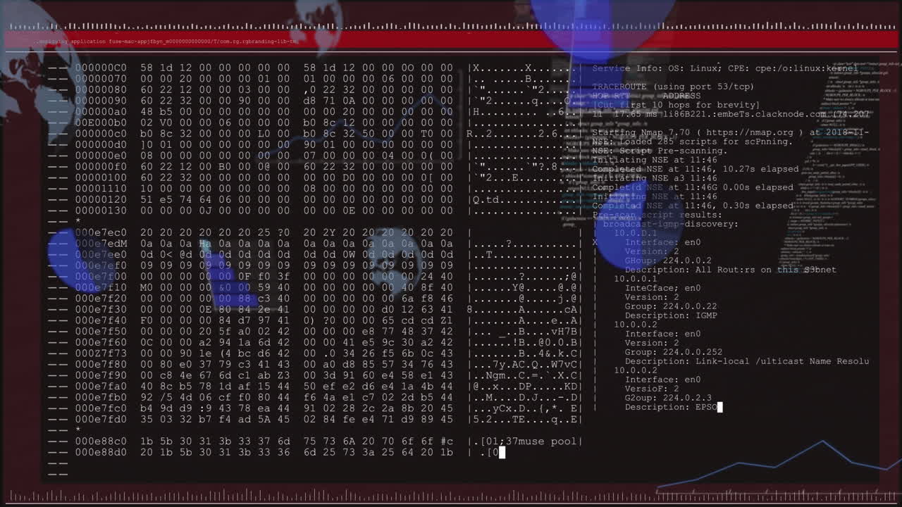 Displaying hexadecimal code and system information on abstract blue shapes animation