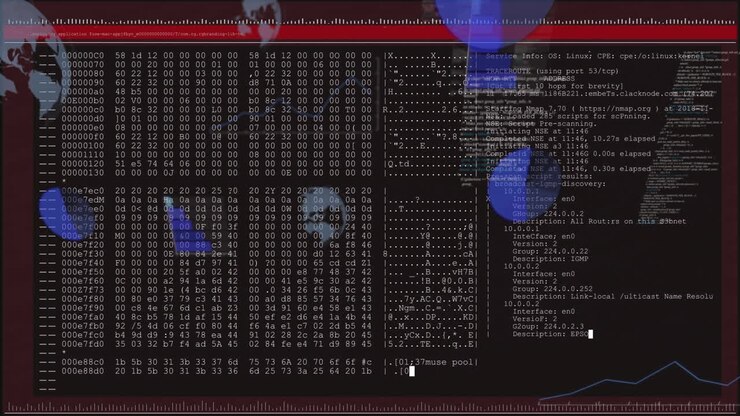 Displaying hexadecimal code and system information on abstract blue shapes animation