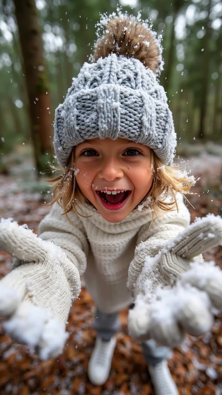 A little girl in a knitted hat and mittens playing in the snow
