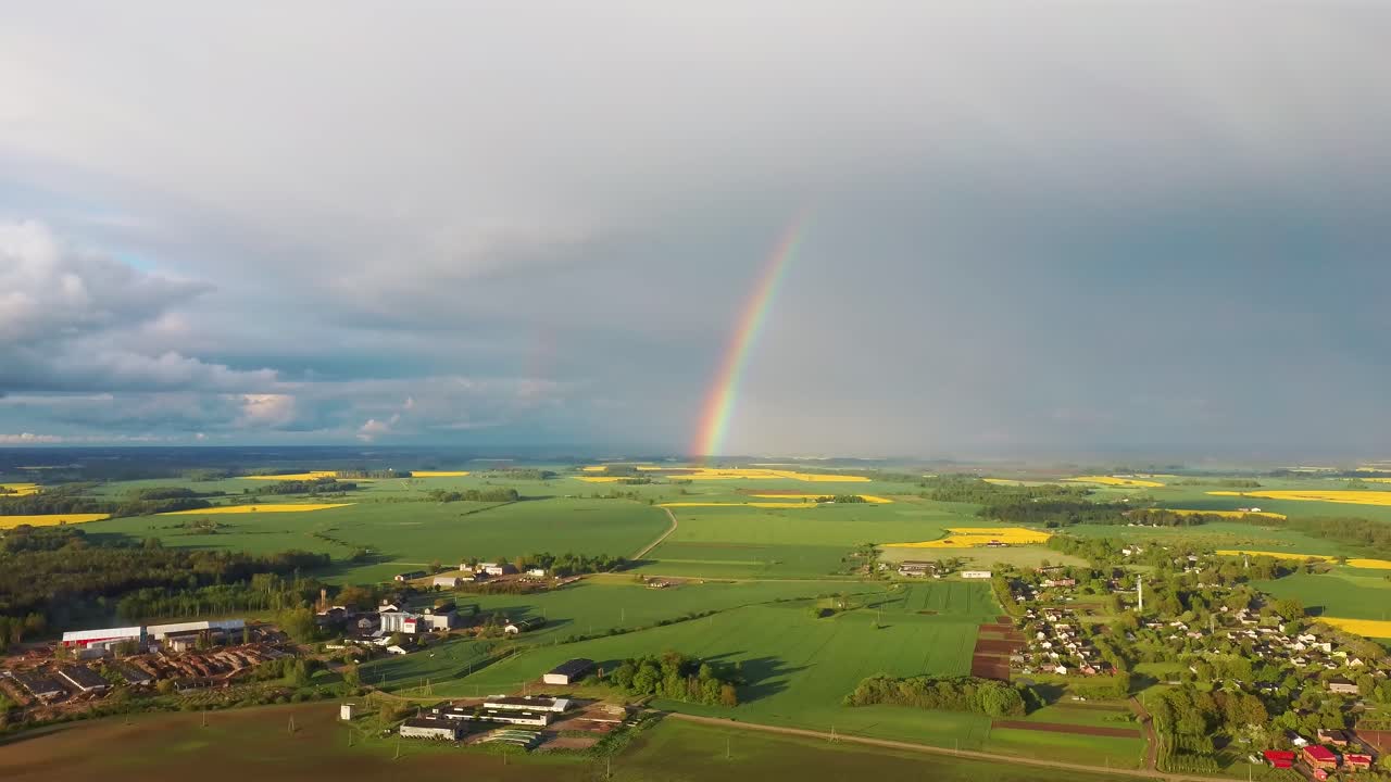 el arco iris sobre el campo de colza con canola floreciente, durante la primavera, vista aérea bajo nubes pesadas antes de la tormenta